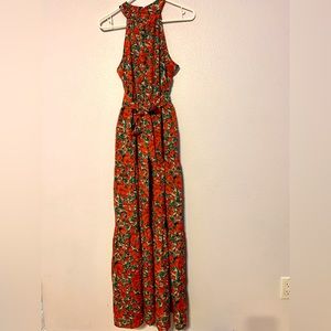 Floral printed, halter neck maxi dress with ribbon tie at waist and long skirt